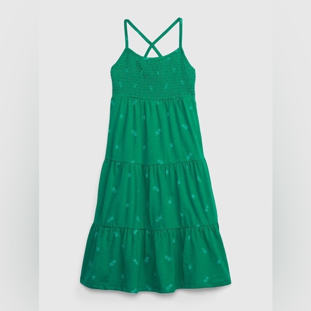 GAP Kids Green Smocked Tiered Sundress with Palm Print